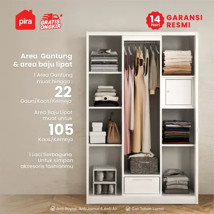 PIRA - SAXON A 3A N SSL MWD LEMARI PAKAIAN BESI 3 PINTU warna WHITE - PIRA - foto 6