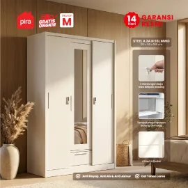 PIRA - STEEL A 3A N SSL MWD LEMARI PAKAIAN BESI 3 PINTU SLIDING / PINTU GESER warna WHITE - PIRA - foto 1