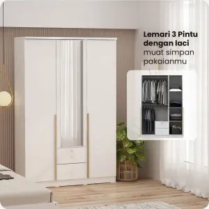 PIRA METROPOLIS -  YONA 3P 2DR LEMARI PAKAIAN 3 PINTU DENGAN 2 LACI warna WHITE - YELLOW OAK - PIRA METROPOLIS - foto 2