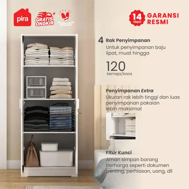 PIRA METROPOLIS -  ARUNA BLS60 M LEMARI PAKAIAN MEDIUM 2 PINTU FULL RAK / LEMARI BAJU warna WHITE - PIRA METROPOLIS OX - foto 2