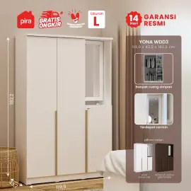 PIRA METROPOLIS - YONA WDD 3 LEMARI PAKAIAN 3 PINTU DENGAN KACA RIAS warna WHITE - YELLOW OAK - PIRA METROPOLIS - foto 1