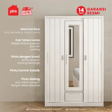 PIRA - SAXON A 3A N SSL MWD LEMARI PAKAIAN BESI 3 PINTU warna WHITE - PIRA - foto 2