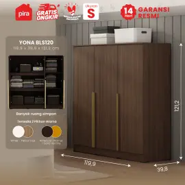 PIRA METROPOLIS - YONA BLS120 LEMARI PAKAIAN 3 PINTU FULL RAK warna AMERICAN WALNUT - GOLD HAIRLINE - PIRA METROPOLIS - foto 1