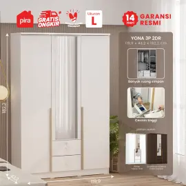 PIRA METROPOLIS -  YONA 3P 2DR LEMARI PAKAIAN 3 PINTU DENGAN 2 LACI warna WHITE - YELLOW OAK - PIRA METROPOLIS - foto 1