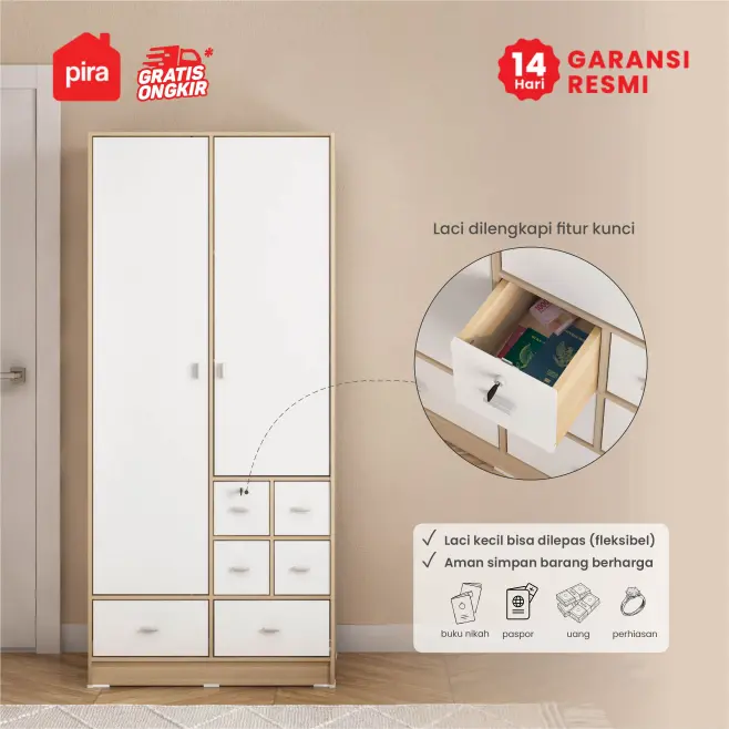 PIRA METROPOLIS OX -  ARUNA 2P 6DR LEMARI PAKAIAN 2 PINTU / LEMARI BAJU DENGAN BANYAK LACI PENYIMPANAN warna PRO OAK - WHITE - PIRA METROPOLIS OX - foto 3