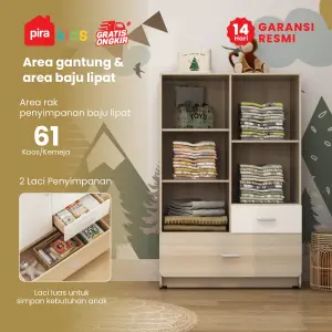PIRA KIDS - WOODY BL80 CR LEMARI PAKAIAN ANAK 2 PINTU FULL RAK warna PRO OAK - WHITE SM - PIRA KIDS - foto 2