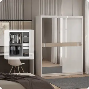 PIRA - KAST ABE WDSL150 GL MR LEMARI PAKAIAN PINTU GESER / SLIDING DENGAN CERMIN warna WHITE SM - WHITE GLOSSY - PIRA - foto 2