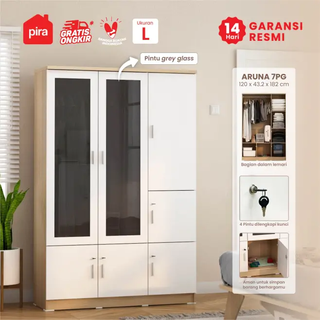 PIRA METROPOLIS OX - ARUNA 7PG LEMARI PAKAIAN / LEMARI BAJU DENGAN BANYAK SEKAT / RAK warna PRO OAK - WHITE - PIRA METROPOLIS OX - foto 1