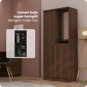 PIRA METROPOLIS - YONA WDD 2 LEMARI PAKAIAN 2 PINTU DENGAN KACA RIAS warna AMERICAN WALNUT - GOLD HAIRLINE - PIRA METROPOLIS - foto 2