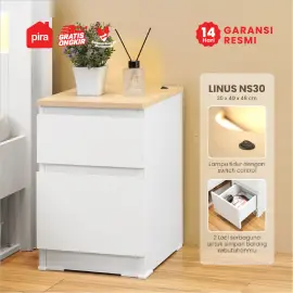 PIRA - LINUS NS30 MEJA NAKAS / MEJA SAMPING / MEJA SUDUT / LEMARI LACI DENGAN LAMPU TIDUR warna WHITE - PRO OAK - PIRA - foto 1