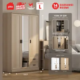 PIRA METROPOLIS -  YORK 3P 2DR LEMARI PAKAIAN 3 PINTU DENGAN 2 LACI warna PRO OAK - PIRA METROPOLIS - foto 1