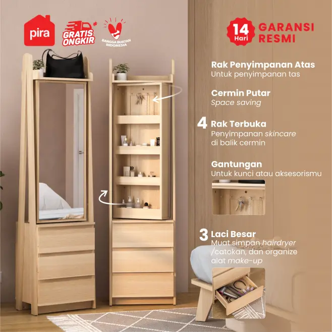 PIRA - KIREI DS48 MEJA RIAS / CERMIN FULL BODY / MEJA RIAS MINIMALIS warna PRO OAK - PIRA - foto 3