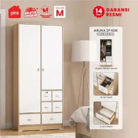 PIRA METROPOLIS OX -  ARUNA 2P 6DR LEMARI PAKAIAN 2 PINTU / LEMARI BAJU DENGAN BANYAK LACI PENYIMPANAN warna PRO OAK - WHITE - PIRA METROPOLIS OX - foto 1