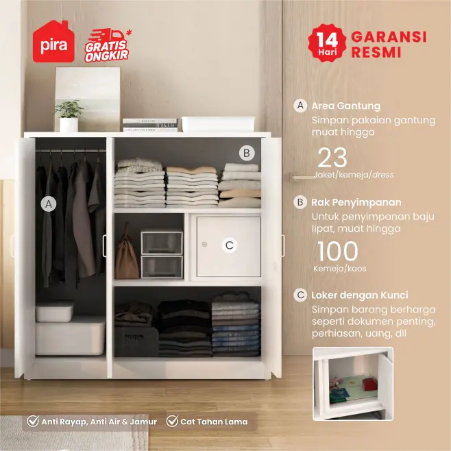 PIRA -  LINIO 3BL MWD LEMARI PAKAIAN BESI 3 PINTU / LEMARI KECIL / LEMARI PAKAIAN ANAK warna WHITE - LIGHT GREY - PIRA - foto 3