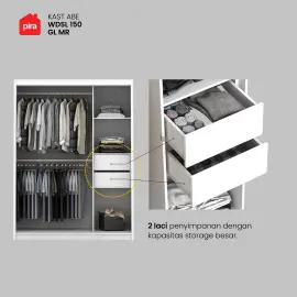 PIRA - KAST ABE WDSL150 GL MR LEMARI PAKAIAN PINTU GESER / SLIDING DENGAN CERMIN warna WHITE SM - WHITE GLOSSY - PIRA - foto 8
