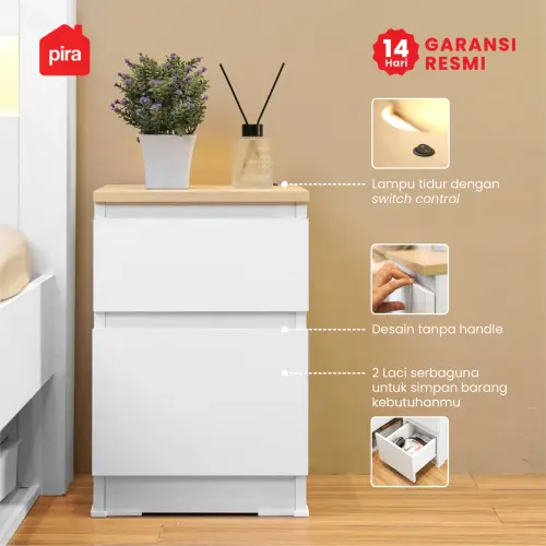 PIRA - LINUS NS30 MEJA NAKAS / MEJA SAMPING / MEJA SUDUT / LEMARI LACI DENGAN LAMPU TIDUR warna WHITE - PRO OAK - PIRA - foto 2
