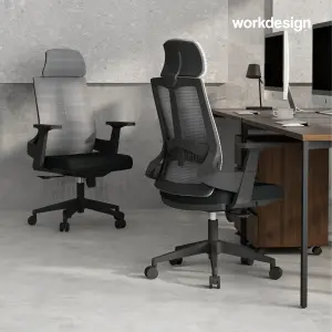 WORKDESIGN AHSOKA PC KURSI KANTOR / KURSI KERJA ERGONOMIS DENGAN SANDARAN KEPALA DAN LUMBAR SUPPORT warna DARK GREY - BLACK - WORKDESIGN - foto 11
