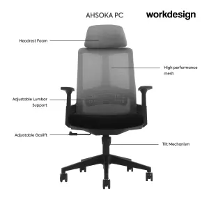 WORKDESIGN AHSOKA PC KURSI KANTOR / KURSI KERJA ERGONOMIS DENGAN SANDARAN KEPALA DAN LUMBAR SUPPORT warna DARK GREY - BLACK - WORKDESIGN - foto 2