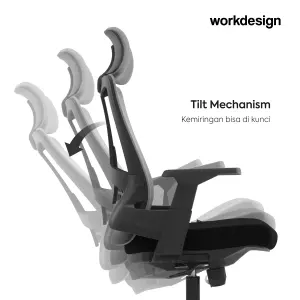 WORKDESIGN AHSOKA PC KURSI KANTOR / KURSI KERJA ERGONOMIS DENGAN SANDARAN KEPALA DAN LUMBAR SUPPORT warna DARK GREY - BLACK - WORKDESIGN - foto 3