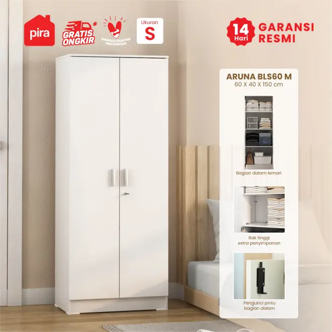 PIRA METROPOLIS -  ARUNA BLS60 M LEMARI PAKAIAN MEDIUM 2 PINTU FULL RAK / LEMARI BAJU warna WHITE - PIRA METROPOLIS OX - foto 1