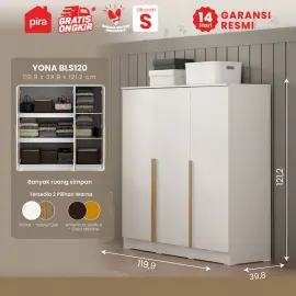 PIRA METROPOLIS - YONA BLS120 LEMARI PAKAIAN 3 PINTU FULL RAK warna WHITE - YELLOW OAK - PIRA METROPOLIS - foto 1