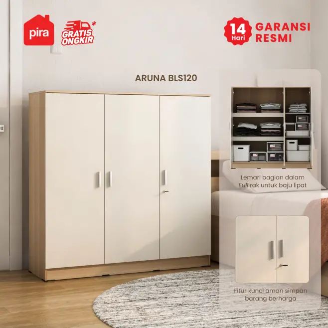 PIRA METROPOLIS OX - ARUNA BLS120 LEMARI PAKAIAN 3 PINTU FULL RAK warna PRO OAK - LIGHT TAUPE - PIRA METROPOLIS OX - foto 2