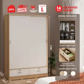 PIRA METROPOLIS OX - ARUNA WDSL120D LEMARI PAKAIAN PINTU GESER / LEMARI SLIDING DENGAN LACI warna PRO OAK - WHITE - PIRA METROPOLIS OX - foto 1