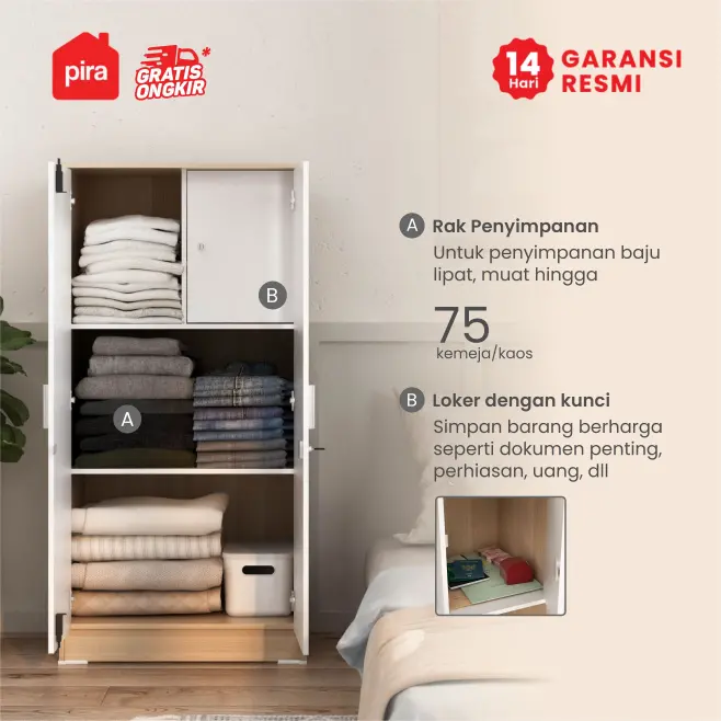 PIRA METROPOLIS OX -  ARUNA BLS60 LK LEMARI PAKAIAN MEDIUM 2 PINTU FULL RAK DENGAN LOKER PENYIMPANAN warna PRO OAK - WHITE - PIRA METROPOLIS OX - foto 2