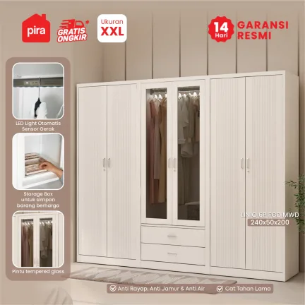 PIRA - LINIO 6P FGD MWD LEMARI PAKAIAN BESI 6 PINTU DENGAN LACI DAN LED warna WHITE - PIRA - foto 1