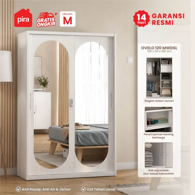 PIRA - OVELO 120 MWDSL LEMARI PAKAIAN BESI SLIDING / PINTU GESER DENGAN CERMIN OVAL DAN RAK ADJUSTABLE warna WHITE - PIRA - foto 1