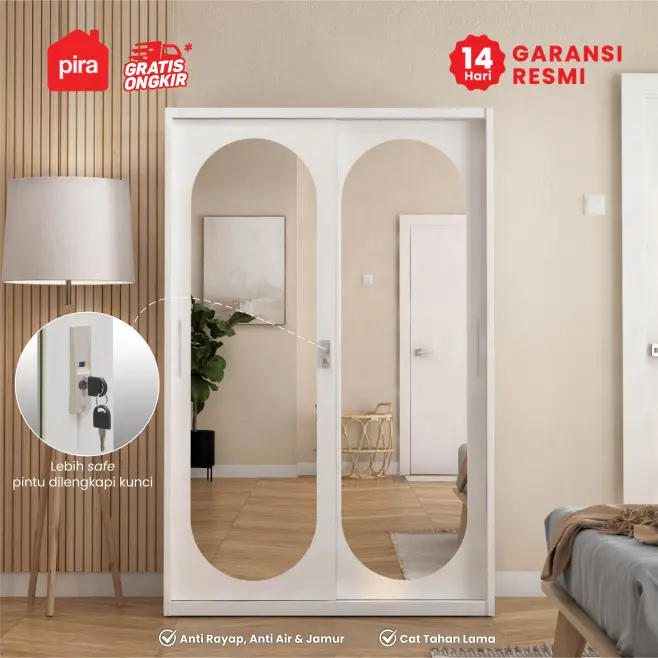 PIRA - OVELO 120 MWDSL LEMARI PAKAIAN BESI SLIDING / PINTU GESER DENGAN CERMIN OVAL DAN RAK ADJUSTABLE warna WHITE - PIRA - foto 2