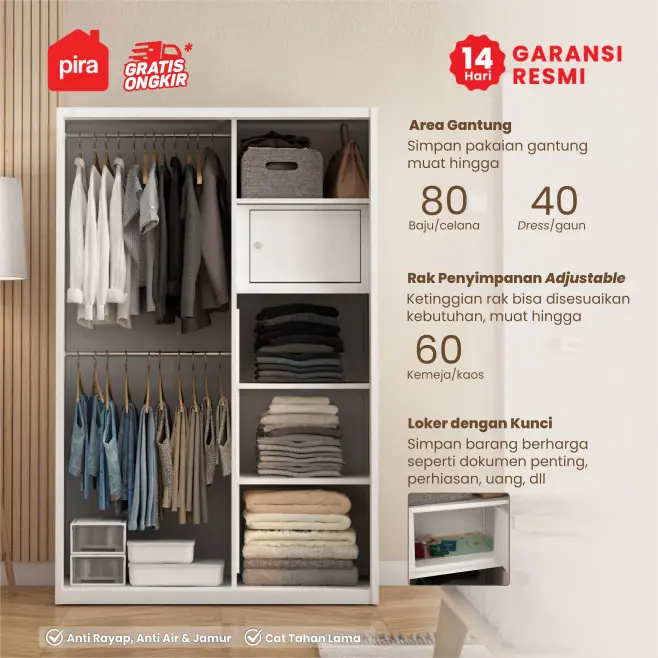 PIRA - OVELO 120 MWDSL LEMARI PAKAIAN BESI SLIDING / PINTU GESER DENGAN CERMIN OVAL DAN RAK ADJUSTABLE warna WHITE - PIRA - foto 3