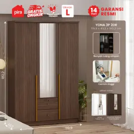 PIRA METROPOLIS - YONA 3P 2DR LEMARI PAKAIAN 3 PINTU DENGAN 2 LACI warna AMERICAN WALNUT - GOLD HAIRLINE - PIRA METROPOLIS - foto 1