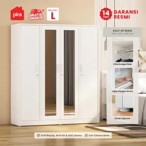 PIRA OX -  RALF 4P MWD LEMARI PAKAIAN BESI 4 PINTU DENGAN CERMIN warna WHITE - PIRA - foto 1