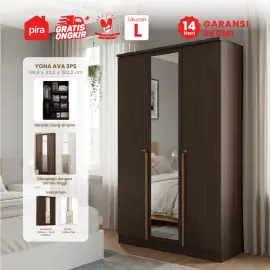 PIRA METROPOLIS -  YONA AVA 3PS LEMARI PAKAIAN 3 PINTU DENGAN LEBIH BANYAK RAK warna AMERICAN WALNUT - GOLD HAIRLINE - PIRA METROPOLIS - foto 1