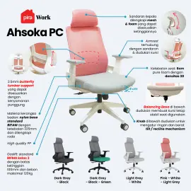 WORKDESIGN - AHSOKA PC PR KURSI KANTOR / KURSI KERJA ERGONOMIS DENGAN SANDARAN KEPALA DAN LUMBAR SUPPORT warna PINK - WHITE LIGHT GREY - WORKDESIGN - foto 2