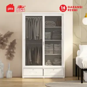 PIRA -  STEEL A 120G MWDSL LEMARI PAKAIAN BESI PINTU SLIDING / LEMARI PINTU GESER / LEMARI BAJU DENGAN KACA TRANSPARAN DAN LED warna WHITE - PIRA - foto 2