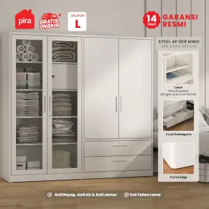 PIRA - STEEL 4P 2BDR MWD LEMARI PAKAIAN BESI 4 PINTU / LEMARI BAJU / LEMARI BESI JUMBO DENGAN 2 LACI DAN RAK DISPLAY warna WHITE - PIRA - foto 1