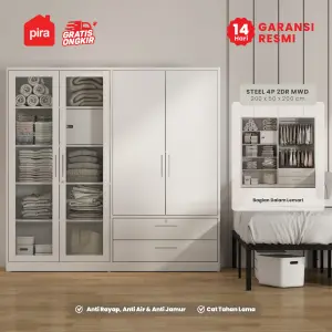 PIRA - STEEL 4P 2BDR MWD LEMARI PAKAIAN BESI 4 PINTU / LEMARI BAJU / LEMARI BESI JUMBO DENGAN 2 LACI DAN RAK DISPLAY warna WHITE - PIRA - foto 2