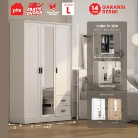 PIRA METROPOLIS - YORK 3P 2DR LEMARI PAKAIAN 3 PINTU DENGAN 2 LACI warna WHITE - PIRA METROPOLIS - foto 1