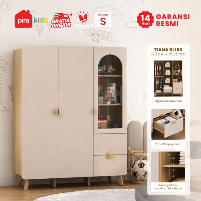 PIRA KIDS - TIANA BL150 LEMARI PAKAIAN ANAK 3 PINTU / LEMARI BAJU ANAK warna EURO OAK - LIGHT TAUPE - PIRA KIDS - foto 1