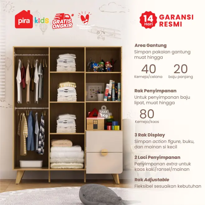 PIRA KIDS - TIANA BL150 LEMARI PAKAIAN ANAK 3 PINTU / LEMARI BAJU ANAK warna EURO OAK - LIGHT TAUPE - PIRA KIDS - foto 3