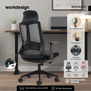 WORKDESIGN AHSOKA PC KURSI KANTOR / KURSI KERJA ERGONOMIS DENGAN SANDARAN KEPALA DAN LUMBAR SUPPORT warna DARK GREY - BLACK - WORKDESIGN - foto 1