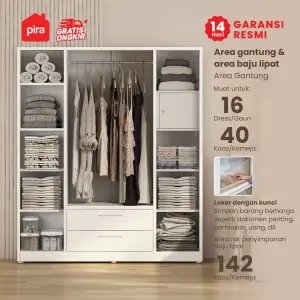 PIRA - SAXON 4P 2DR MWD LEMARI PAKAIAN BESI 4 PINTU / LEMARI BESI JUMBO DENGAN CERMIN DAN 2 LACI warna WHITE - PIRA - foto 3