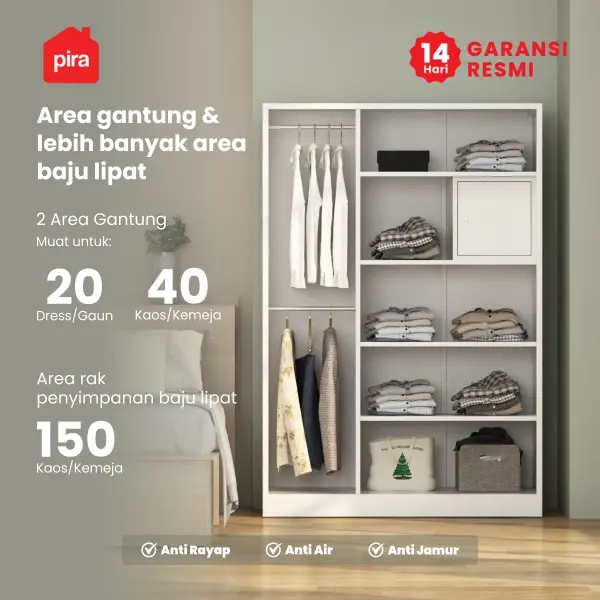 PIRA OX - RALF 3PS MWD LEMARI PAKAIAN BESI 3 PINTU FULL RAK DENGAN CERMIN warna WHITE - LIGHT GREY - PIRA - foto 2