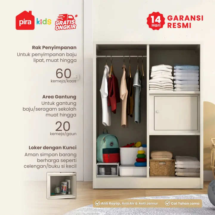 PIRA KIDS -  BOB 2BL MR MWD LEMARI PAKAIAN BESI 2 PINTU / LEMARI PAKAIAN ANAK / LEMARI BAJU KECIL / BABY LOCKER warna CREAM-WHITE - PIRA KIDS - foto 3