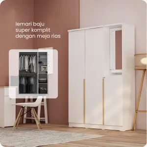 PIRA METROPOLIS - YONA WDD 3 LEMARI PAKAIAN 3 PINTU DENGAN KACA RIAS warna WHITE - YELLOW OAK - PIRA METROPOLIS - foto 2
