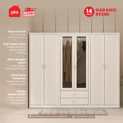 PIRA - LINIO 6P FGD MWD LEMARI PAKAIAN BESI 6 PINTU DENGAN LACI DAN LED warna WHITE - PIRA - foto 2