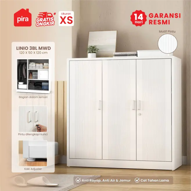 PIRA -  LINIO 3BL MWD LEMARI PAKAIAN BESI 3 PINTU / LEMARI KECIL / LEMARI PAKAIAN ANAK warna WHITE - LIGHT GREY - PIRA - foto 1