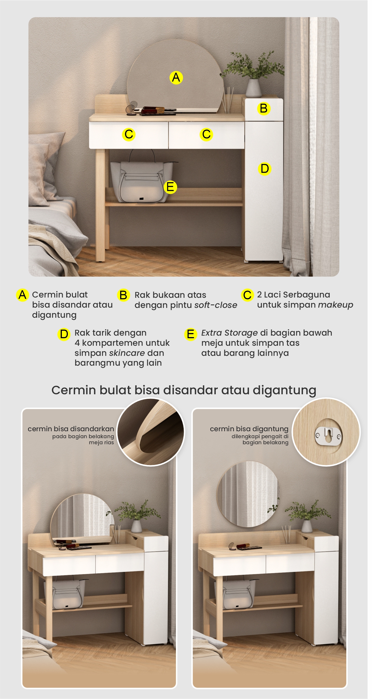 Infografik PIRA - LAURA DS100 MEJA RIAS DENGAN CERMIN LEPAS PASANG / MEJA BELAJAR / MEJA KERJA warna PRO OAK - WHITE SM - PIRA - halaman 2